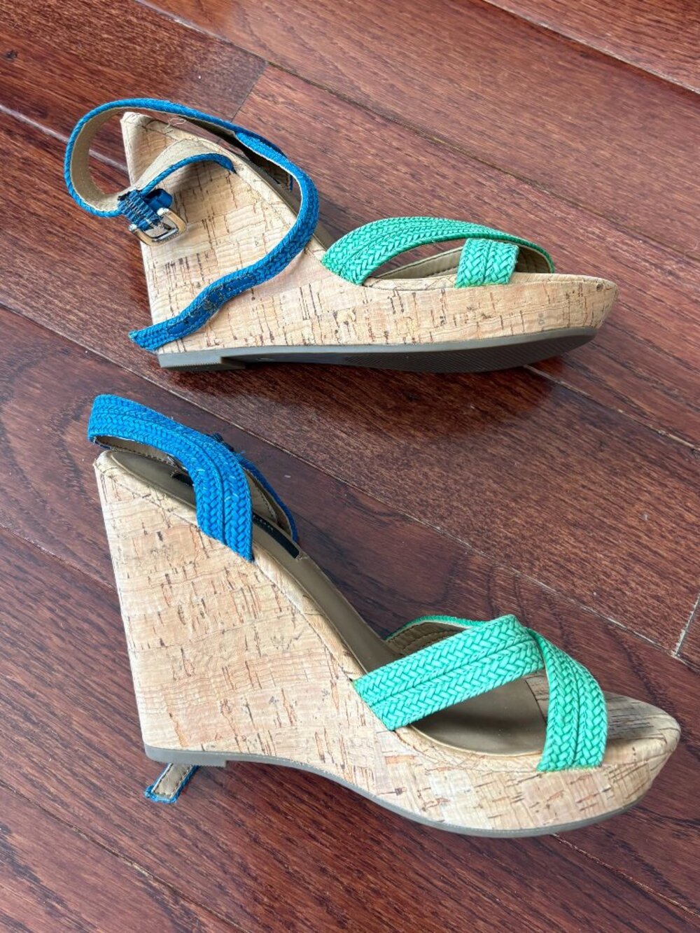 ANN TAYLOR Cork Heels | Blue & Green Straps | Size 6.5 | Barely Worn